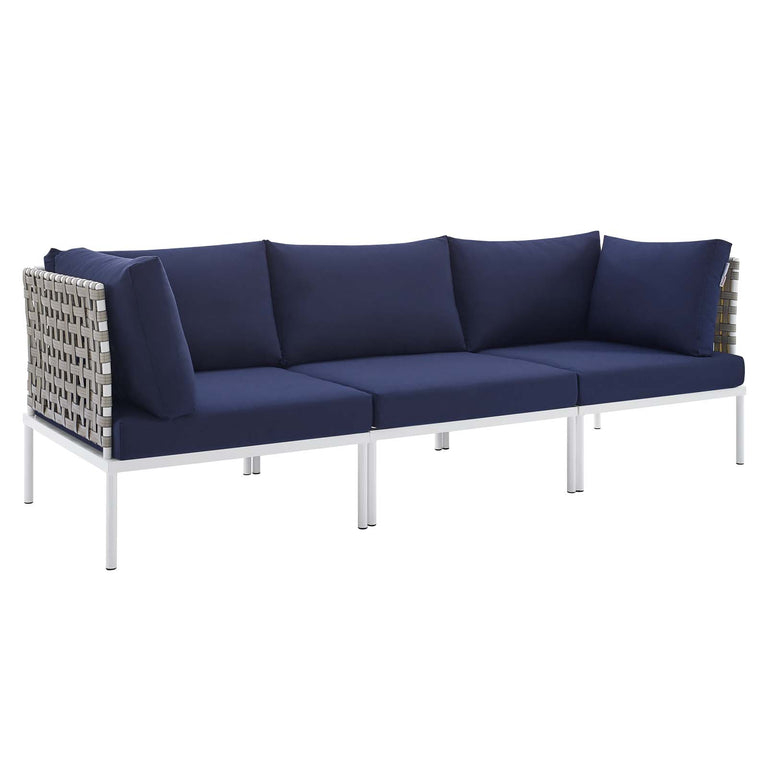 Harmony Sunbrella® Basket Weave Outdoor Patio Aluminum Sofa in Tan Navy, EEI-4966-TAN-NAV