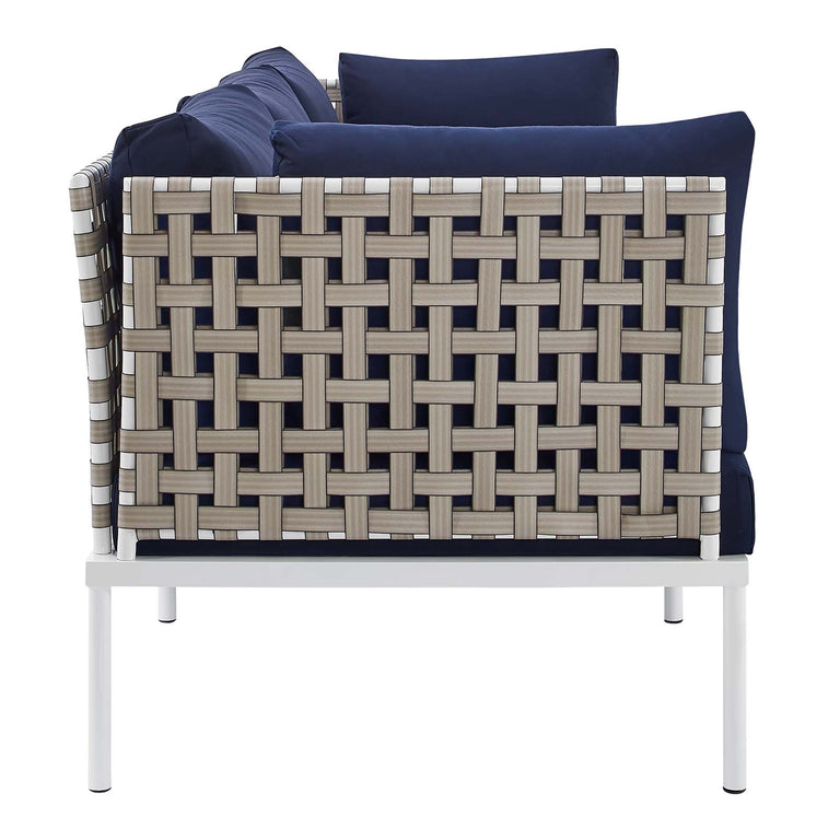 Harmony Sunbrella® Basket Weave Outdoor Patio Aluminum Sofa in Tan Navy, EEI-4966-TAN-NAV