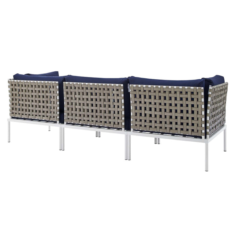 Harmony Sunbrella® Basket Weave Outdoor Patio Aluminum Sofa in Tan Navy, EEI-4966-TAN-NAV