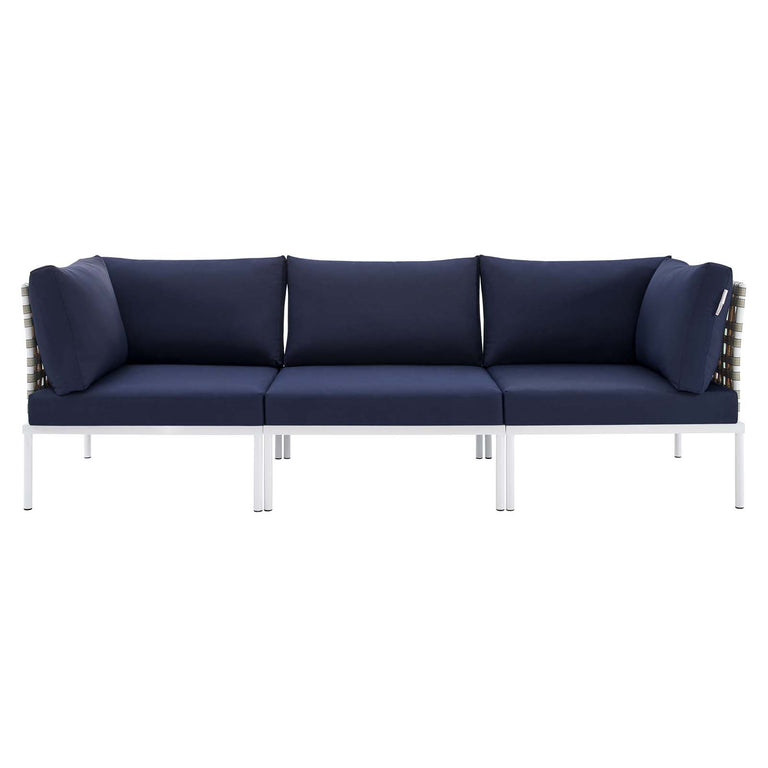 Harmony Sunbrella® Basket Weave Outdoor Patio Aluminum Sofa in Tan Navy, EEI-4966-TAN-NAV