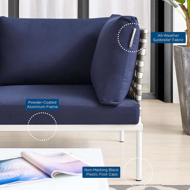 Harmony Sunbrella® Basket Weave Outdoor Patio Aluminum Sofa in Tan Navy, EEI-4966-TAN-NAV