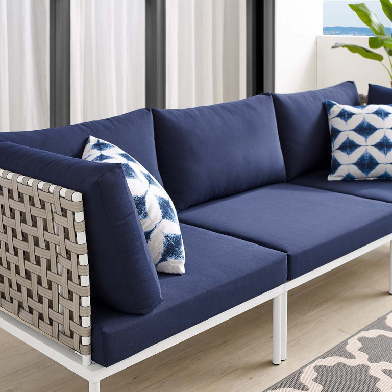 Harmony Sunbrella® Basket Weave Outdoor Patio Aluminum Sofa in Tan Navy, EEI-4966-TAN-NAV