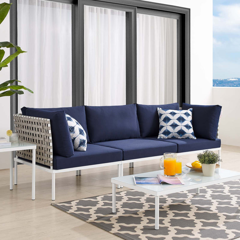 Harmony Sunbrella® Basket Weave Outdoor Patio Aluminum Sofa in Tan Navy, EEI-4966-TAN-NAV