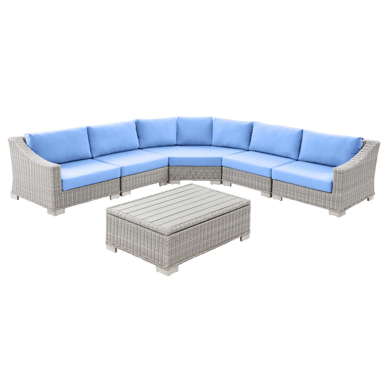 Conway Outdoor Patio Wicker Rattan 6-Piece Sectional Sofa Furniture Set in Light Gray Light Blue, EEI-5094-LBU