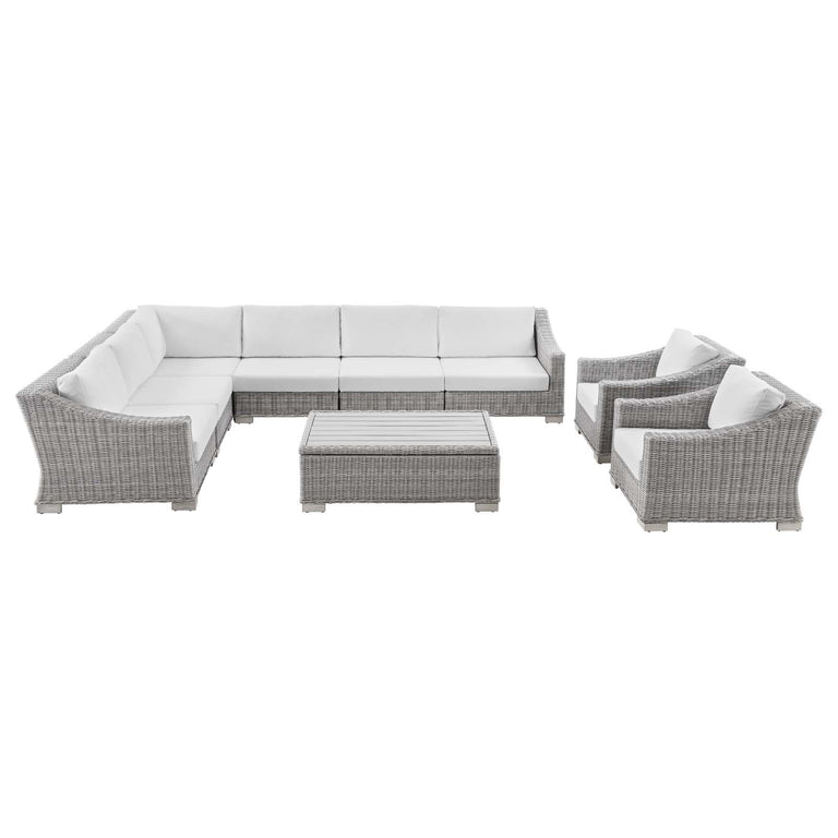 Conway Outdoor Patio Wicker Rattan 9-Piece Sectional Sofa Furniture Set in Light Gray White, EEI-5096-WHI