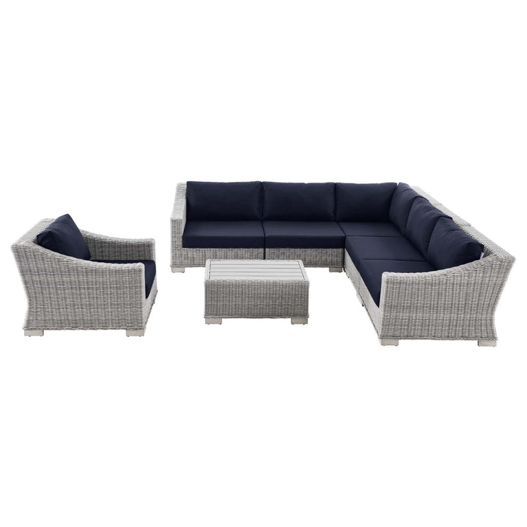 Conway Outdoor Patio Wicker Rattan 7-Piece Sectional Sofa Furniture Set in Light Gray Navy, EEI-5098-NAV