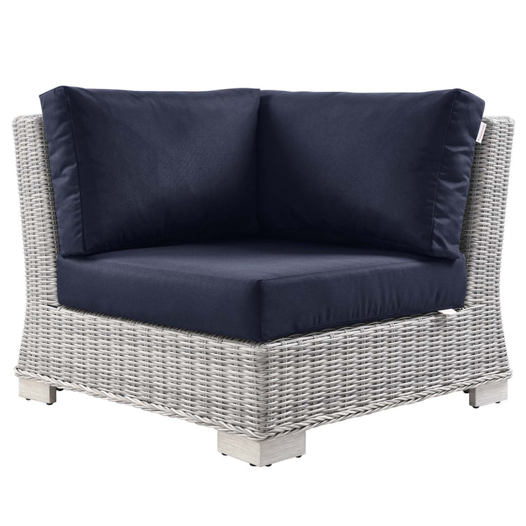 Conway Outdoor Patio Wicker Rattan 7-Piece Sectional Sofa Furniture Set in Light Gray Navy, EEI-5098-NAV