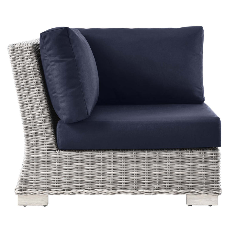 Conway Outdoor Patio Wicker Rattan 7-Piece Sectional Sofa Furniture Set in Light Gray Navy, EEI-5098-NAV