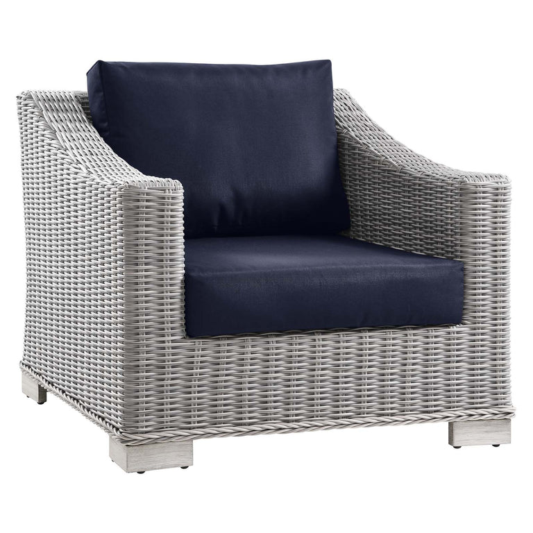 Conway Outdoor Patio Wicker Rattan 7-Piece Sectional Sofa Furniture Set in Light Gray Navy, EEI-5098-NAV