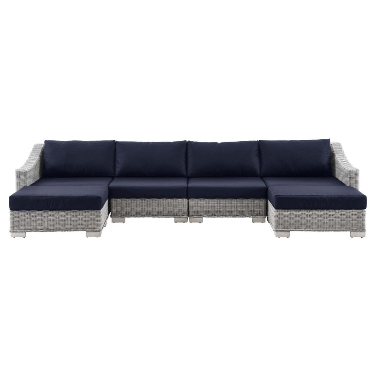 Conway Outdoor Patio Wicker Rattan 6-Piece Sectional Sofa Furniture Set in Light Gray Navy, EEI-5099-NAV