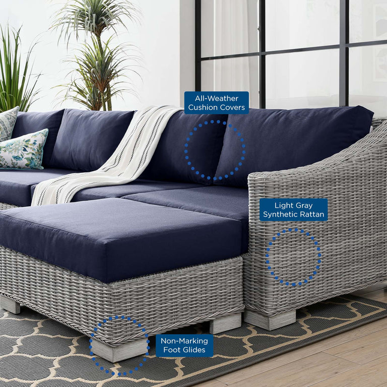 Conway Outdoor Patio Wicker Rattan 6-Piece Sectional Sofa Furniture Set in Light Gray Navy, EEI-5099-NAV