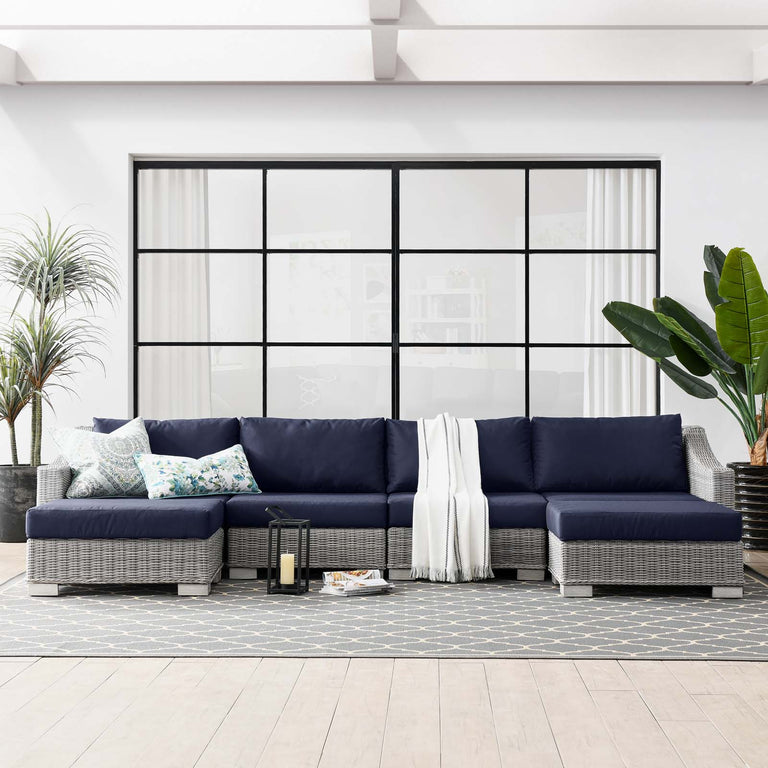 Conway Outdoor Patio Wicker Rattan 6-Piece Sectional Sofa Furniture Set in Light Gray Navy, EEI-5099-NAV