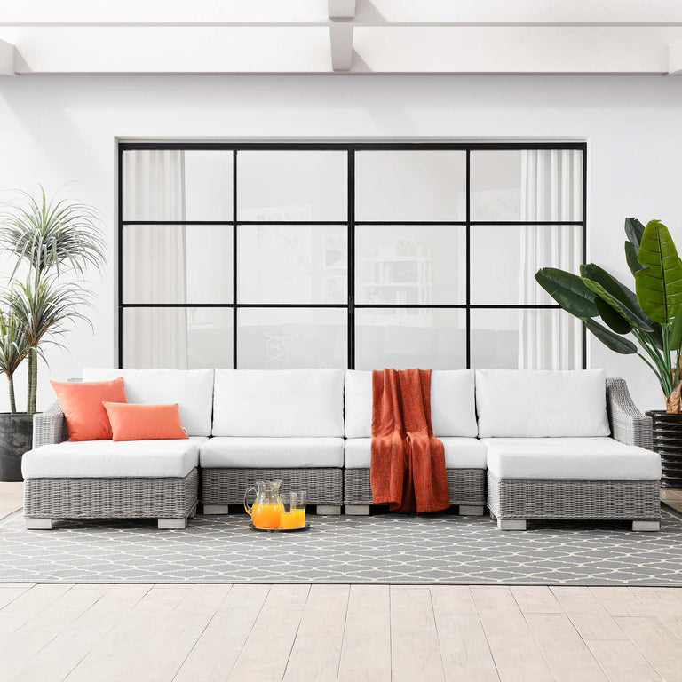 Conway Outdoor Patio Wicker Rattan 6-Piece Sectional Sofa Furniture Set in Light Gray White, EEI-5099-WHI
