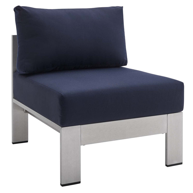 Shore Sunbrella® Fabric Outdoor Patio Aluminum 7 Piece Sectional Sofa Set in Silver Navy, EEI-5481-SLV-NAV-SET