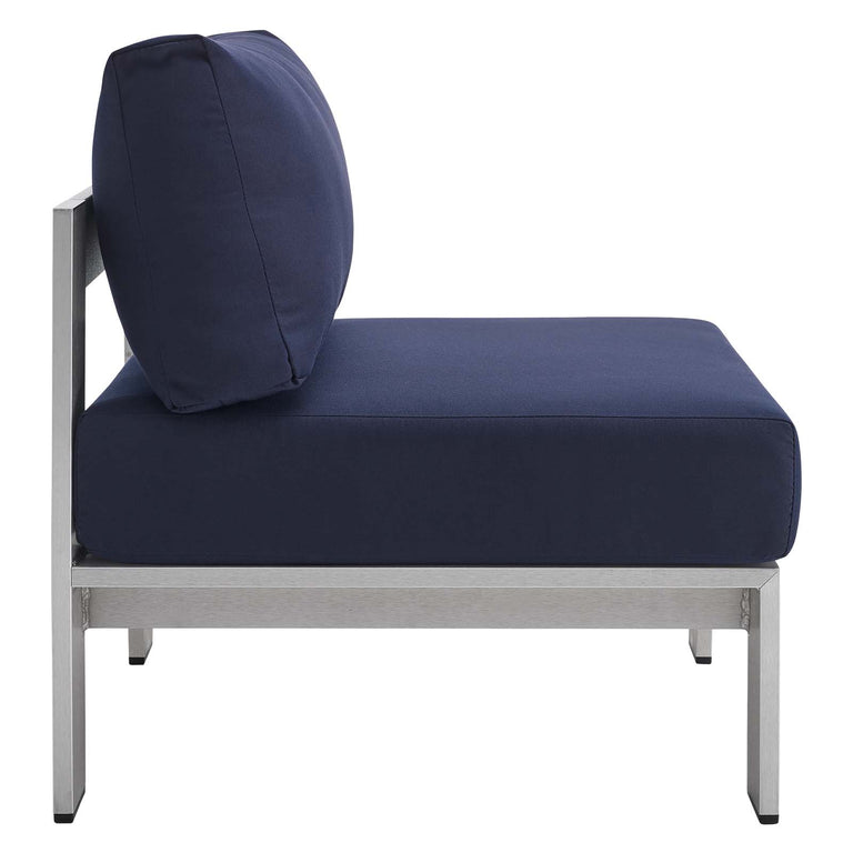 Shore Sunbrella® Fabric Outdoor Patio Aluminum 7 Piece Sectional Sofa Set in Silver Navy, EEI-5481-SLV-NAV-SET
