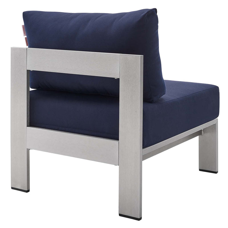 Shore Sunbrella® Fabric Outdoor Patio Aluminum 7 Piece Sectional Sofa Set in Silver Navy, EEI-5481-SLV-NAV-SET