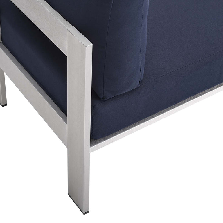 Shore Sunbrella® Fabric Outdoor Patio Aluminum 7 Piece Sectional Sofa Set in Silver Navy, EEI-5481-SLV-NAV-SET