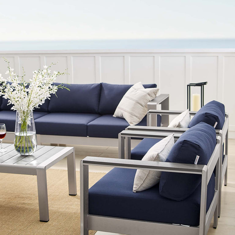 Shore Sunbrella® Fabric Outdoor Patio Aluminum 7 Piece Sectional Sofa Set in Silver Navy, EEI-5481-SLV-NAV-SET