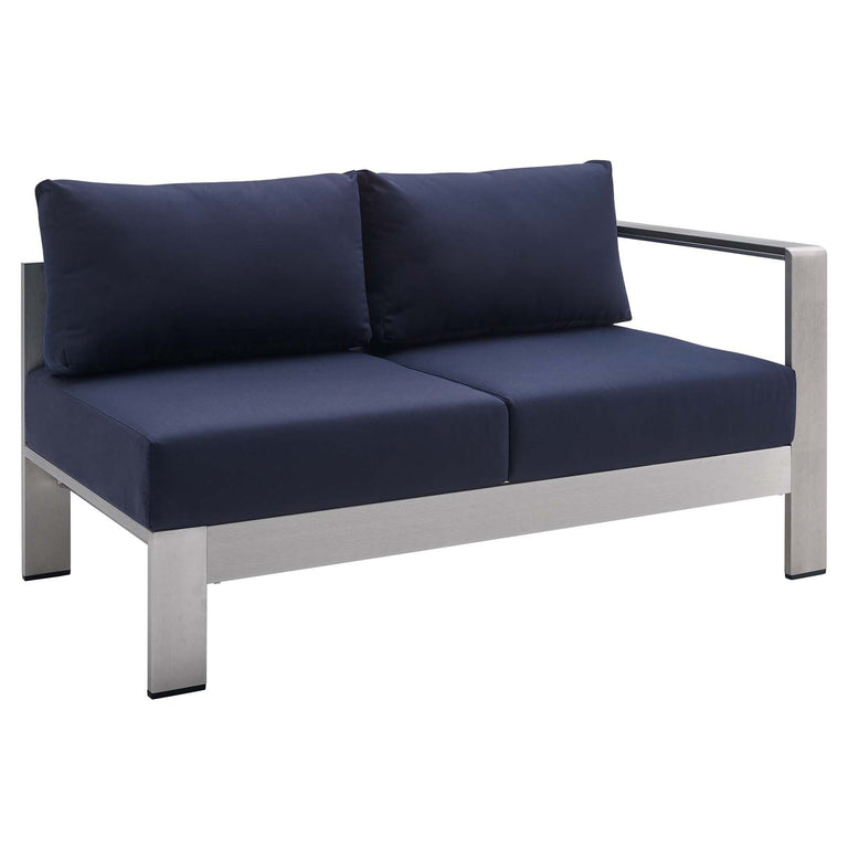 Shore Sunbrella® Fabric Outdoor Patio Aluminum 7 Piece Sectional Sofa Set in Silver Navy, EEI-5481-SLV-NAV-SET