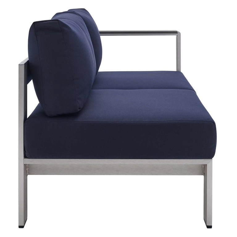 Shore Sunbrella® Fabric Outdoor Patio Aluminum 7 Piece Sectional Sofa Set in Silver Navy, EEI-5481-SLV-NAV-SET