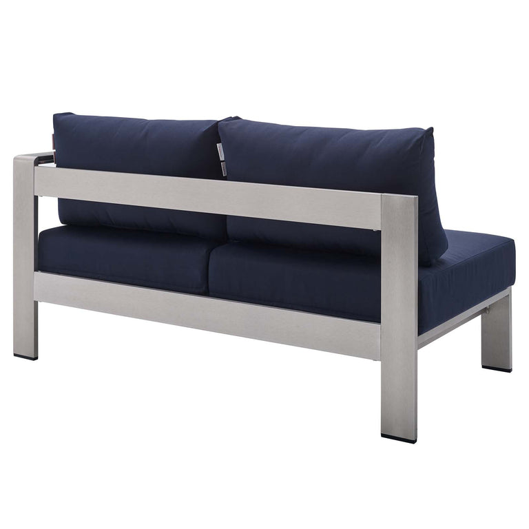 Shore Sunbrella® Fabric Outdoor Patio Aluminum 7 Piece Sectional Sofa Set in Silver Navy, EEI-5481-SLV-NAV-SET