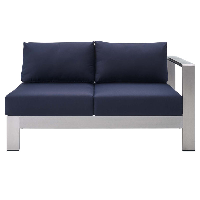 Shore Sunbrella® Fabric Outdoor Patio Aluminum 7 Piece Sectional Sofa Set in Silver Navy, EEI-5481-SLV-NAV-SET