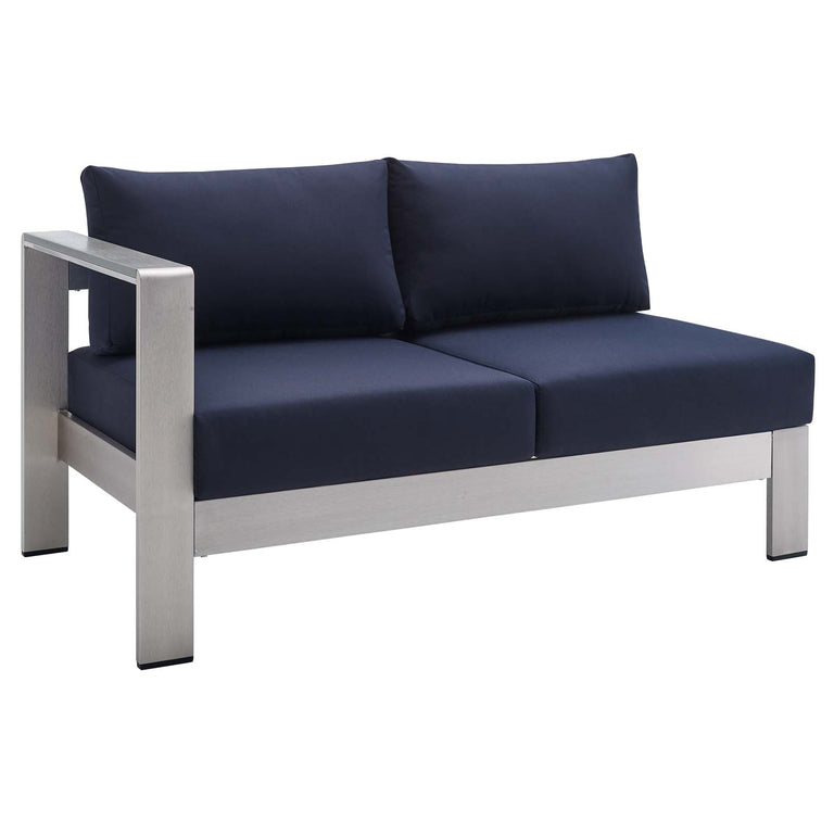 Shore Sunbrella® Fabric Outdoor Patio Aluminum 7 Piece Sectional Sofa Set in Silver Navy, EEI-5481-SLV-NAV-SET