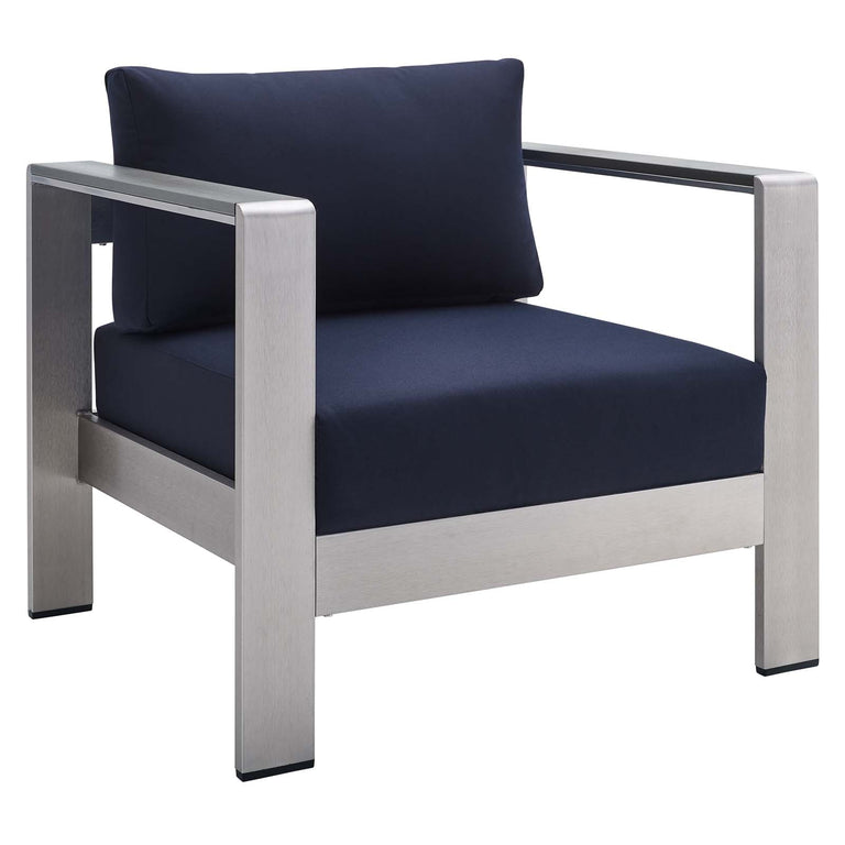Shore Sunbrella® Fabric Outdoor Patio Aluminum 7 Piece Sectional Sofa Set in Silver Navy, EEI-5481-SLV-NAV-SET