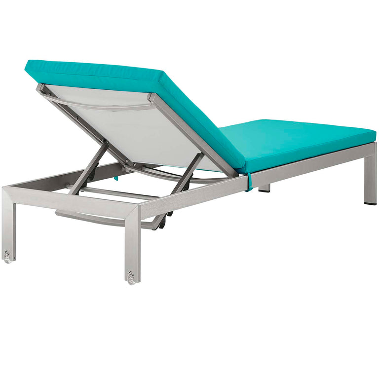 Shore Outdoor Patio Aluminum Chaise with Cushions in Silver Turquoise, EEI-5547-SLV-TRQ
