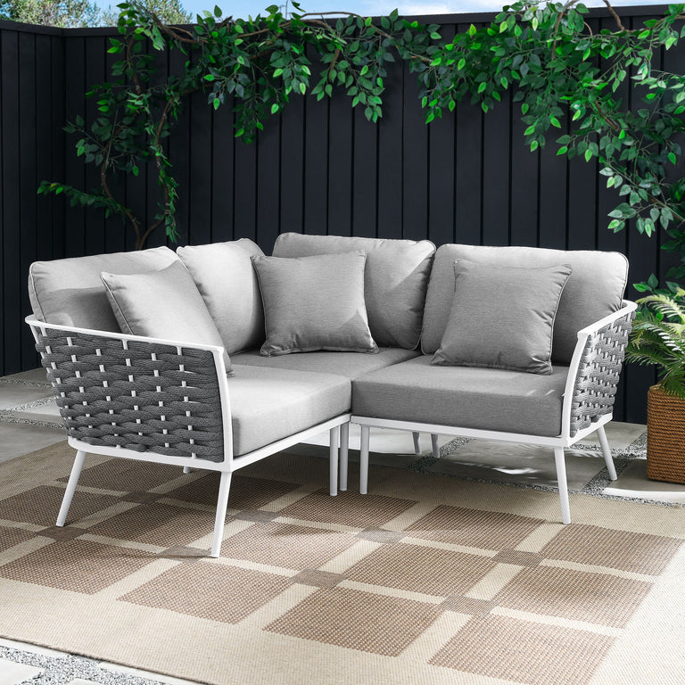 Stance Outdoor Patio Aluminum Small Sectional Sofa in White Gray, EEI-5752-WHI-GRY