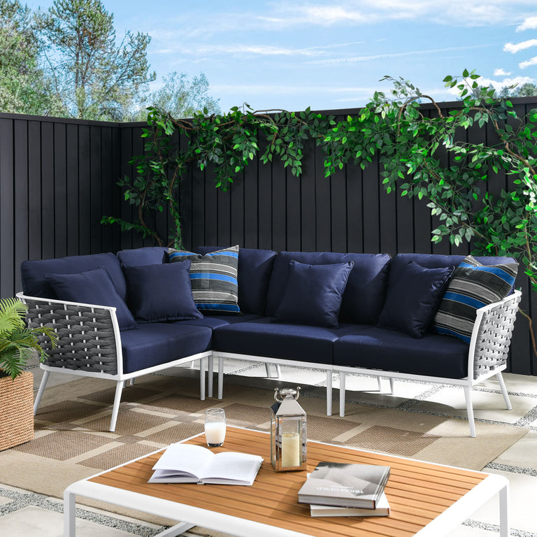 Stance Outdoor Patio Aluminum Large Sectional Sofa in White Navy, EEI-5753-WHI-NAV