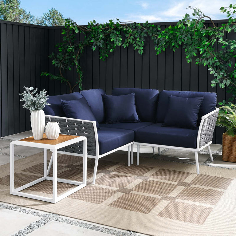 Stance 4 Piece Outdoor Patio Aluminum Sectional Sofa Set in White Navy, EEI-5755-WHI-NAV