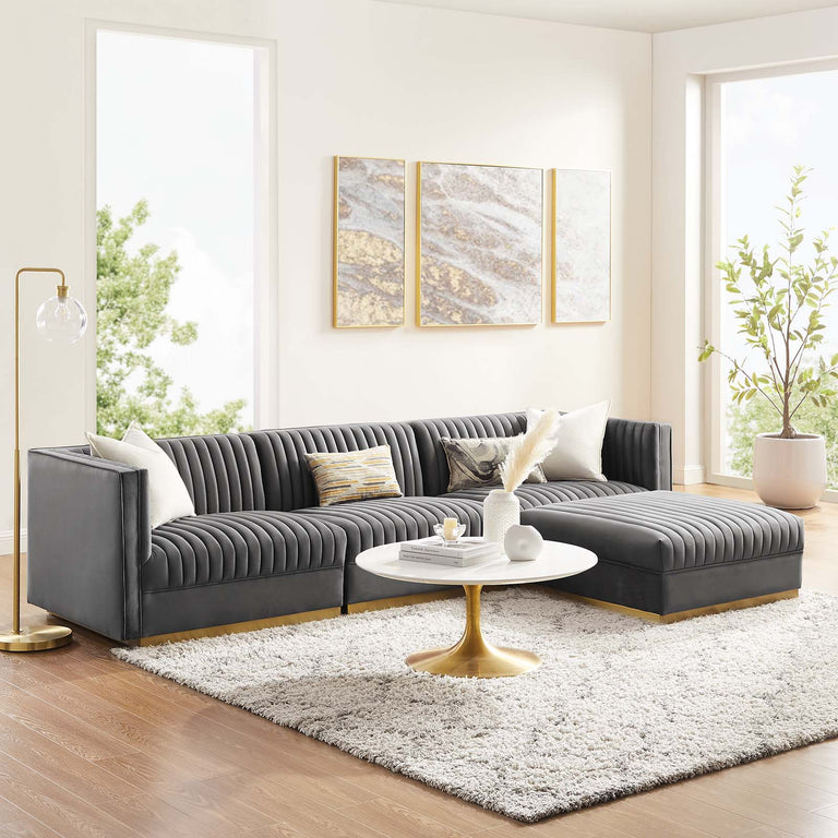 Sanguine Channel Tufted Performance Velvet 4-Piece Modular Sectional Sofa in Gray, EEI-5826-GRY