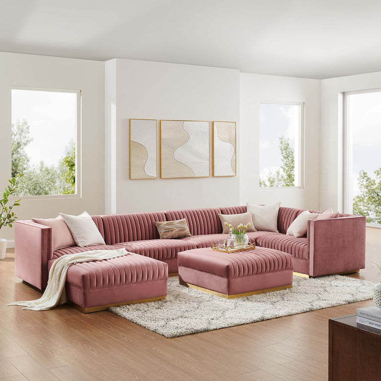 Sanguine Channel Tufted Performance Velvet 7-Piece Right-Facing Modular Sectional Sofa in Dusty Rose, EEI-5839-DUS