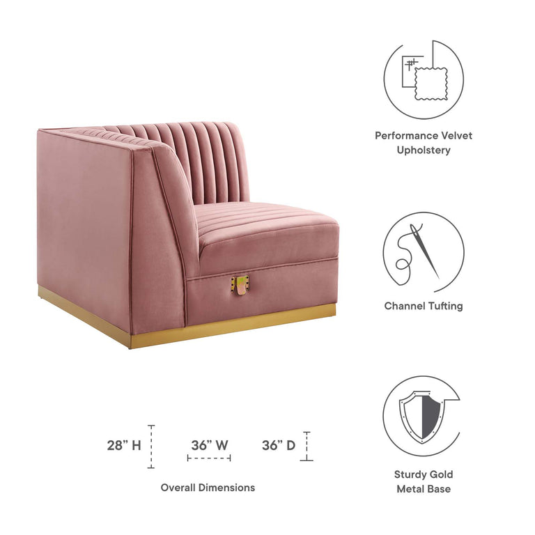 Sanguine Channel Tufted Performance Velvet Modular Sectional Sofa Right Corner Chair in Dusty Rose, EEI-6035-DUS