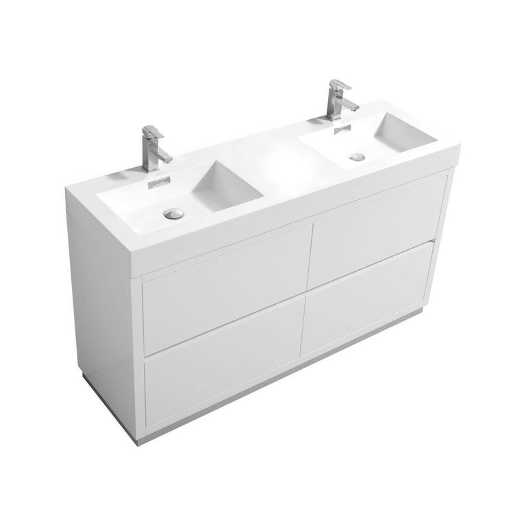 KubeBath Bliss 60 in. Double Sink Free Standing Modern Bathroom Vanity - High Gloss White, FMB60D-GW
