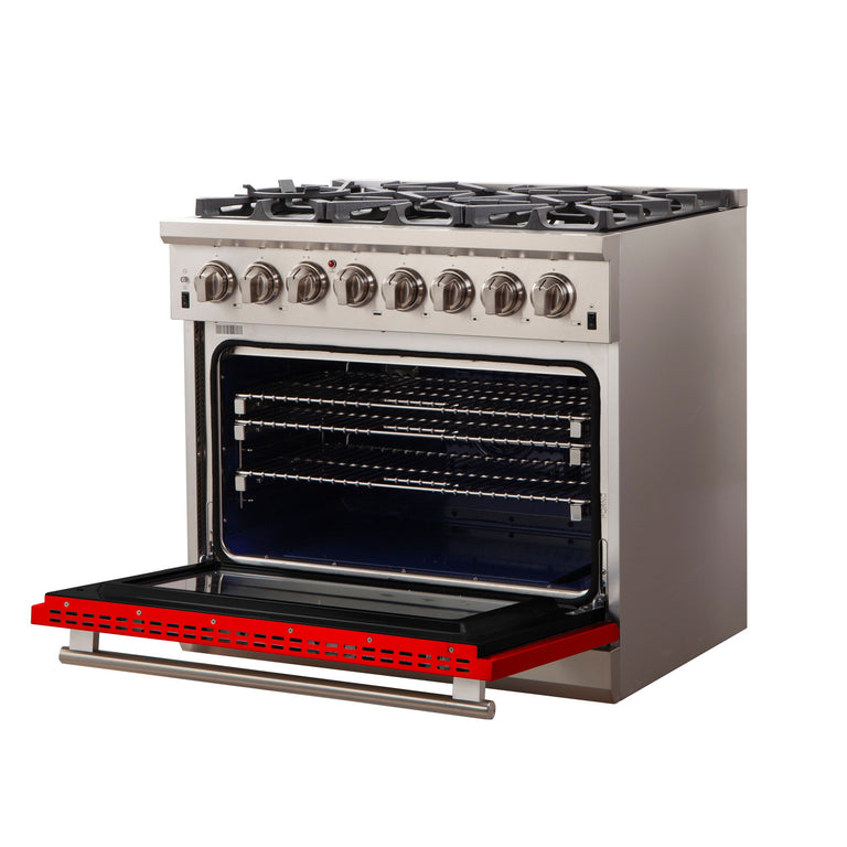 Forno 36 Inch Professional Freestanding Dual Fuel Range in Red, FFSGS6187-36RED