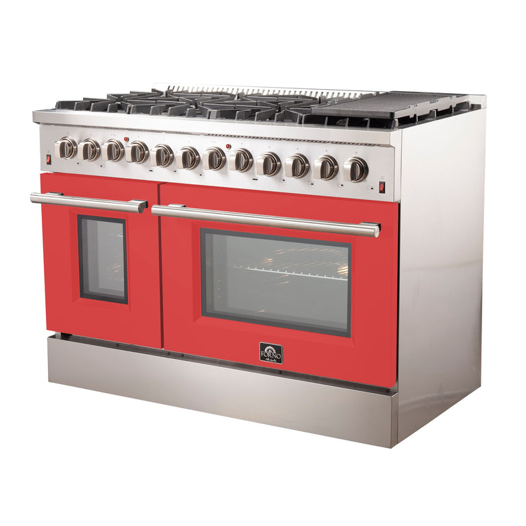 Forno 48 Inch Professional Freestanding Dual Fuel Range in Red, FFSGS6156-48RED