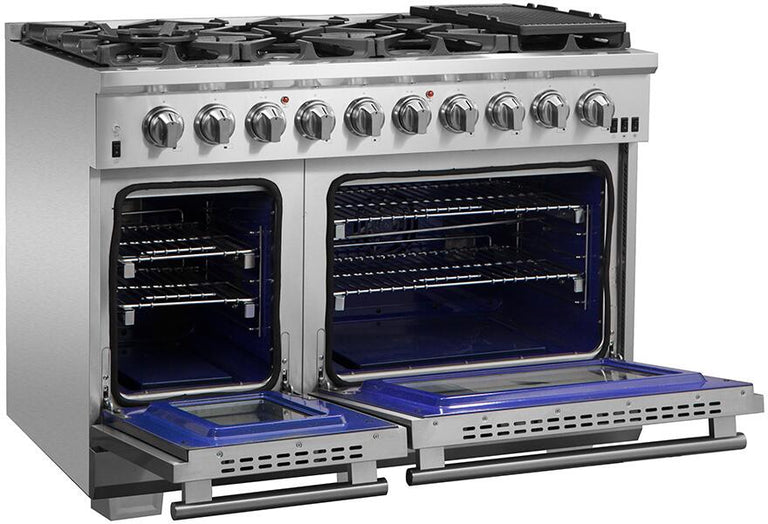 Forno Appliance Package - 48 Inch Gas Burner/Electric Oven Pro Range, Wall Mount Range Hood, Refrigerator, AP-FFSGS6187-48-4