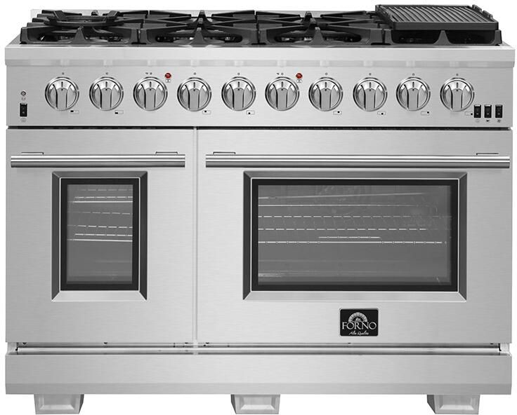 Forno Appliance Package - 48 Inch Gas Burner/Electric Oven Pro Range, Wall Mount Range Hood, Refrigerator, AP-FFSGS6187-48-4