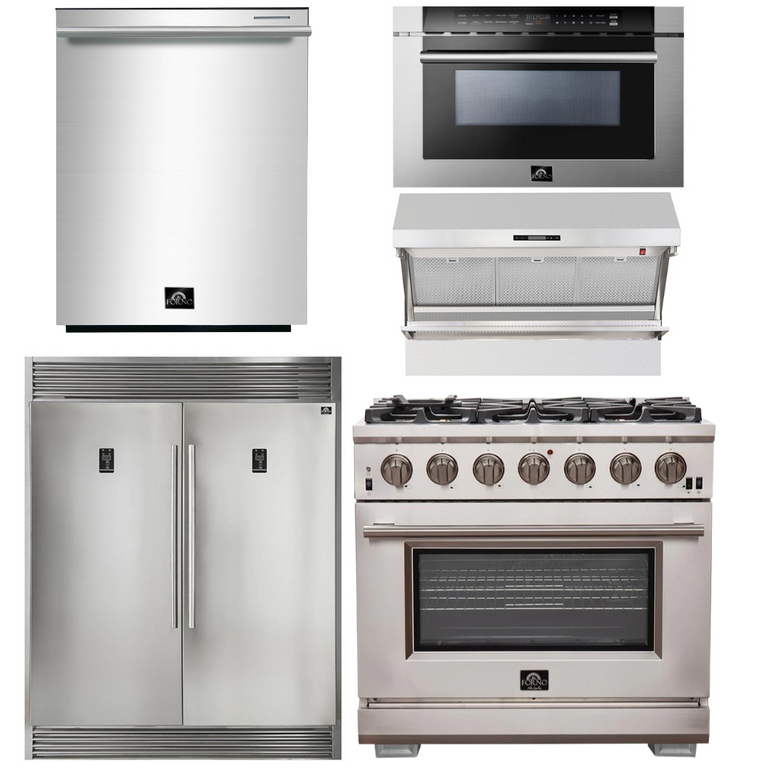 Forno Package - 36 Inch Pro Gas Range, Wall Mount Range Hood, Refrigerator, Microwave Drawer, Dishwasher, AP-FFSGS6260-36-8