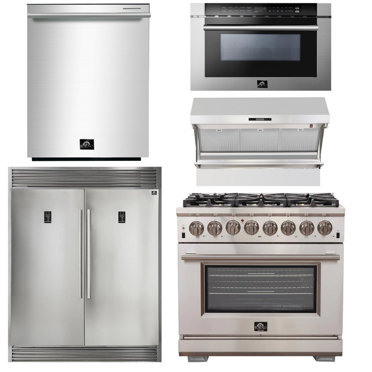 Forno Package - 36" Dual Fuel Range, Range Hood, Refrigerator, Microwave, Dishwasher, AP-FFSGS6187-36-8