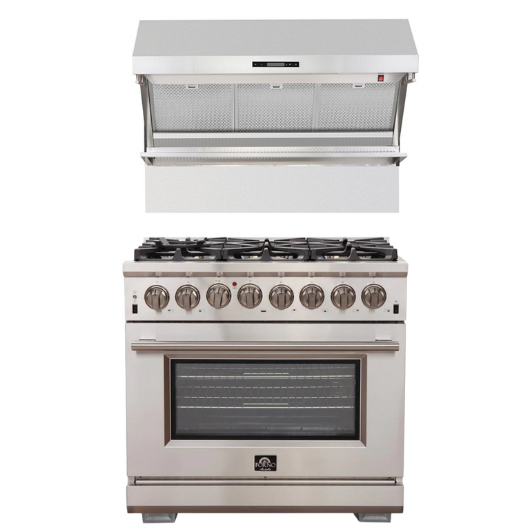 Forno Appliance Package - 36 Inch Gas Burner/Electric Oven Pro Range, Wall Mount Range Hood, AP-FFSGS6187-36