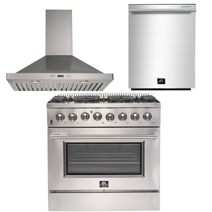 Forno Appliance Package - 36 Inch Dual Fuel Range, Wall Mount Range Hood, Dishwasher, AP-FFSGS6156-36-W-2