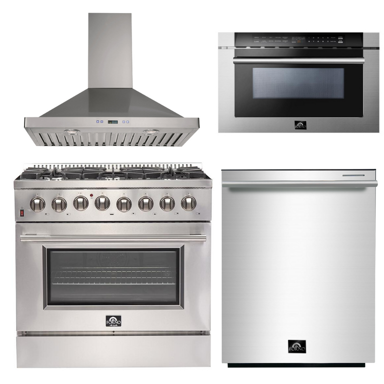 Forno Appliance Package - 36 Inch Dual Fuel Range, Wall Mount Range Hood, Microwave Drawer, Dishwasher, AP-FFSGS6156-36-W-6