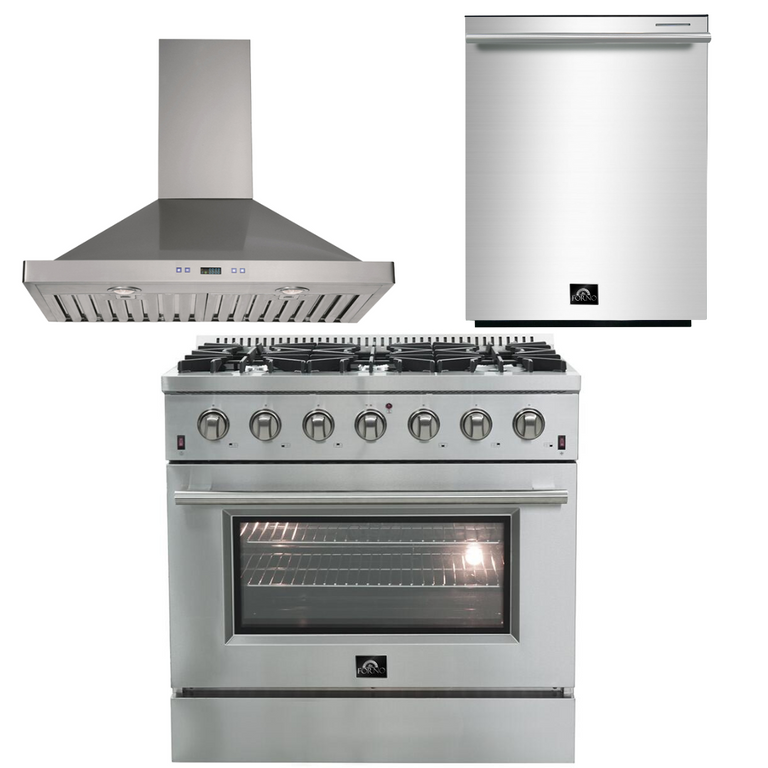 Forno Appliance Package - 36 Inch Gas Range, Wall Mount Range Hood, Dishwasher, AP-FFSGS6244-36-W-2