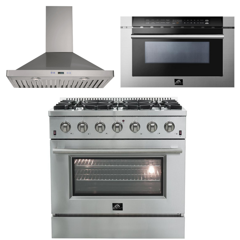 Forno Appliance Package - 36 Inch Gas Range, Wall Mount Range Hood, Microwave Drawer, AP-FFSGS6244-36-W-3
