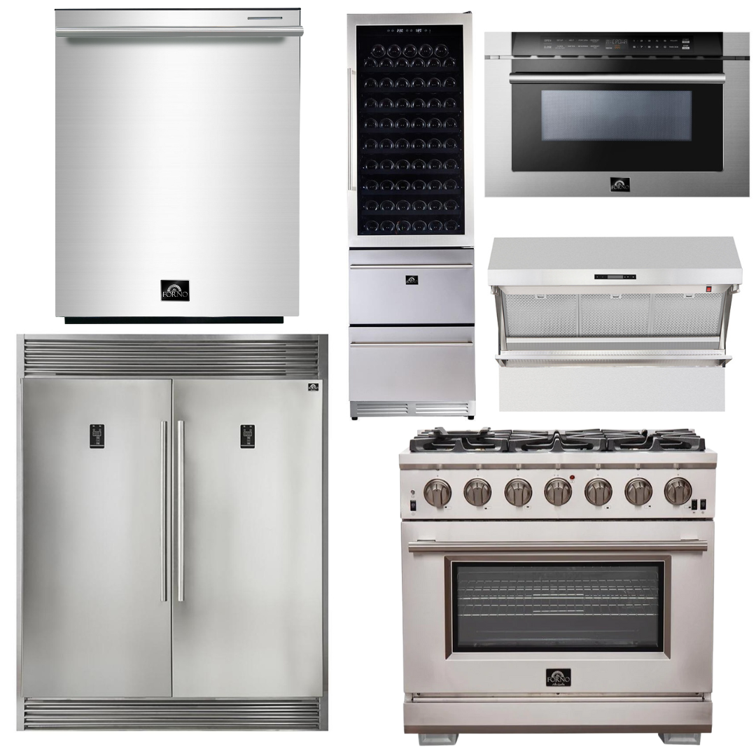 Forno Appliance Package 36 Inch Pro Gas Range, Range Hood, Refrigera