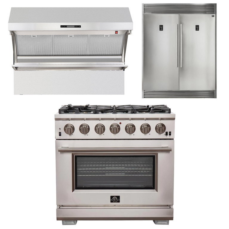 Forno Appliance Package - 36 Inch Pro Gas Range, Wall Mount Range Hood, Refrigerator, AP-FFSGS6260-36-4