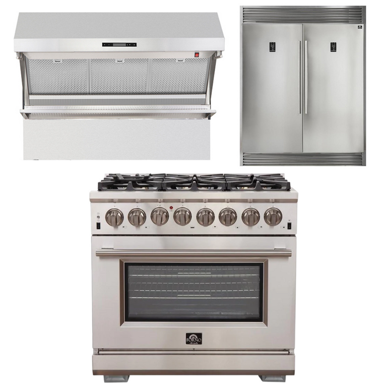 Forno Appliance Package - 36 Inch Gas Burner/Electric Oven Pro Range, Wall Mount Range Hood, Refrigerator, AP-FFSGS6187-36-4